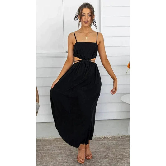 Robe d'été noire à bretelles spaghetti Ibiza Vibe
