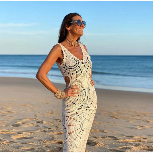 Robe de plage beige en crochet Ibiza Vibe