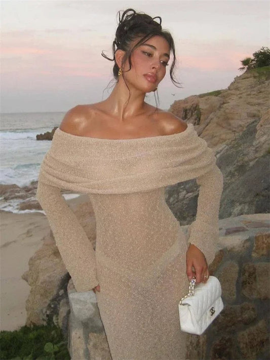 Robe de plage beige transparente à épaules dénudées Ibiza Vibe