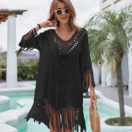 Robe de plage noire aérée bohème à franges Ibiza Vibe