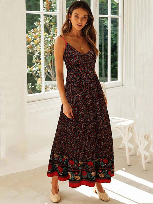 Robe de soirée bohème noire à col en V Ibiza Vibe