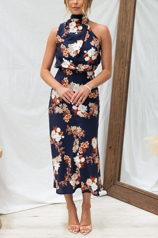 Robe élégante en satin à col montant bleu et grand imprimé floral Ibiza Vibe