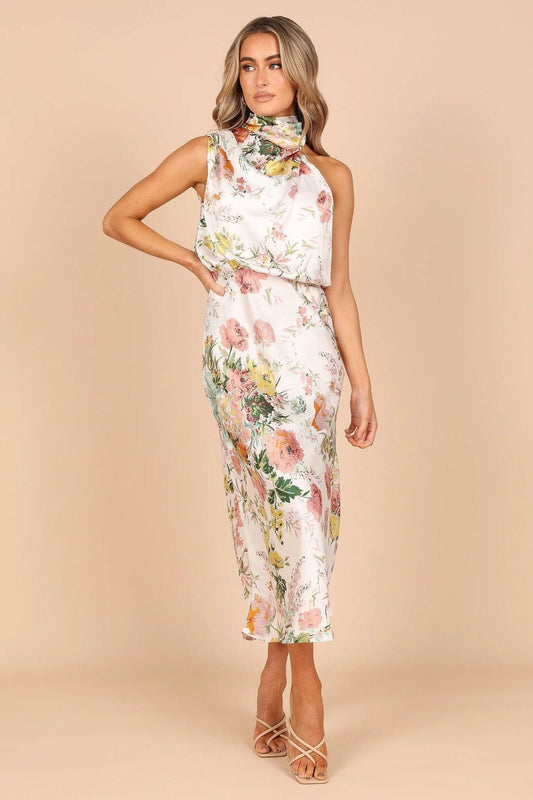 Robe élégante en satin à col montant et grand imprimé floral Ibiza Vibe