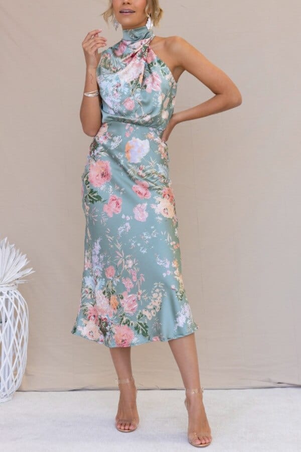 Robe élégante en satin à col montant, imprimé vert et floral Ibiza Vibe
