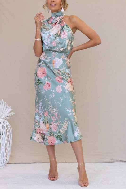 Robe élégante en satin à col montant, imprimé vert et floral Ibiza Vibe