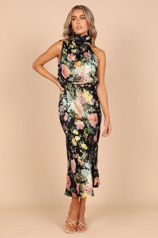 Robe élégante en satin à col montant noire et grand imprimé floral Ibiza Vibe