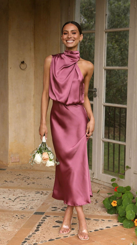 Robe élégante en satin à col montant vieux rose Ibiza Vibe