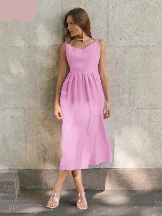 Robe en lin rose à bretelles spaghetti Ibiza Vibe