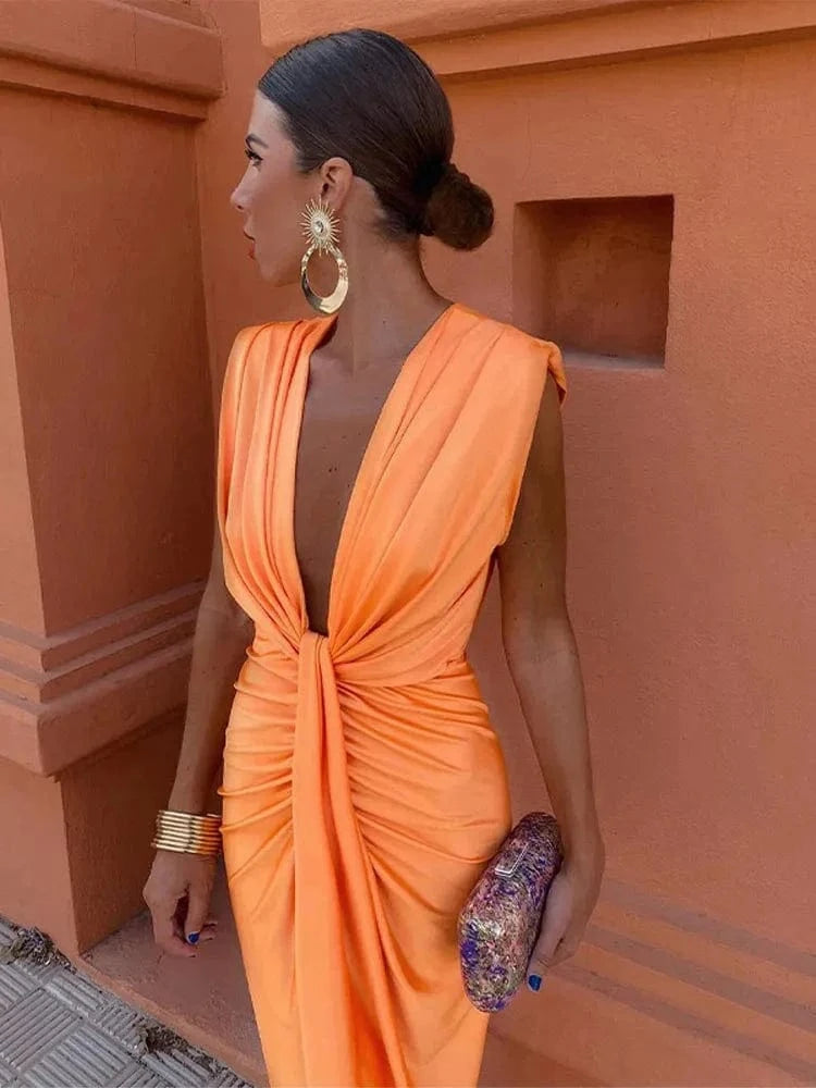 Robe espagnole orange à col en V Ibiza Vibe