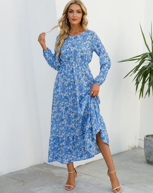 Robe fleurie bleue bohème à manches longues Ibiza Vibe