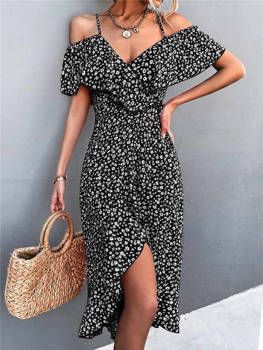 Robe fleurie noire à col en V et bretelles spaghetti Ibiza Vibe