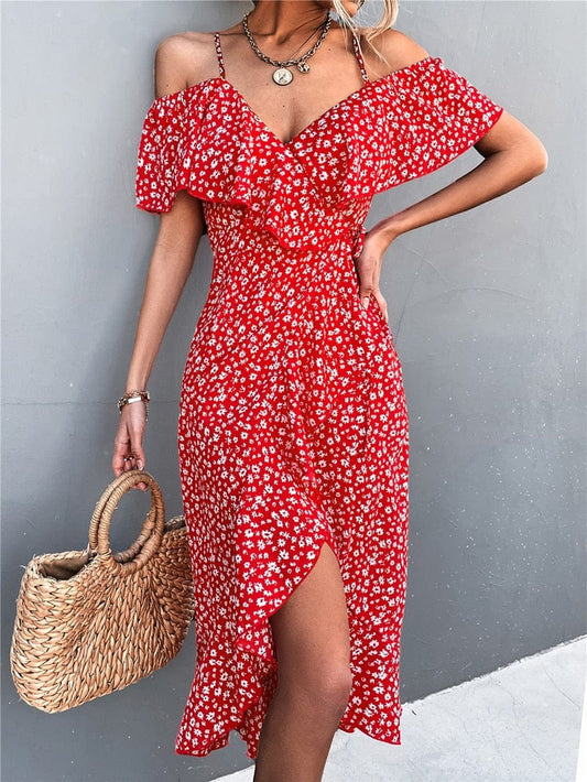 Robe fleurie rouge à col en V et bretelles spaghetti Ibiza Vibe