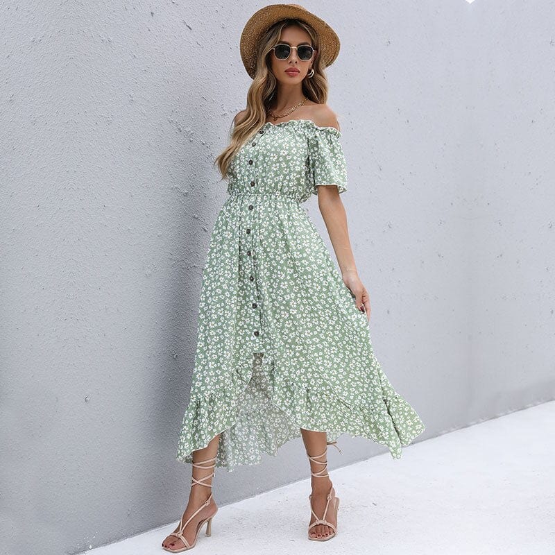 Robe fleurie vintage verte à épaules dénudées Ibiza Vibe
