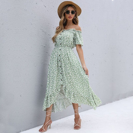 Robe fleurie vintage verte à épaules dénudées Ibiza Vibe