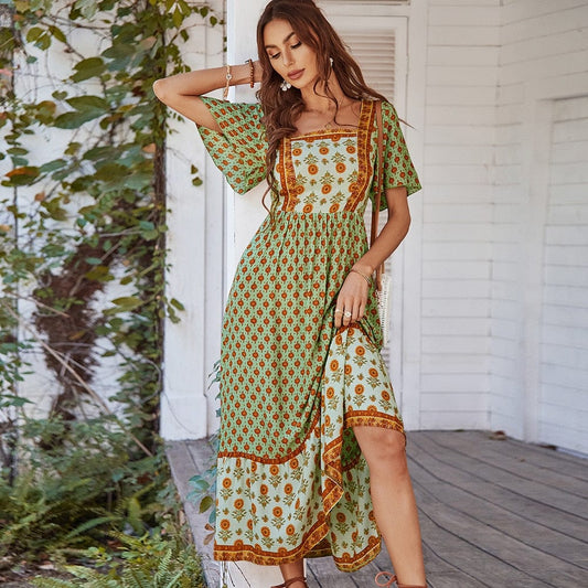 Robe fleurie vintage verte Ibiza Vibe