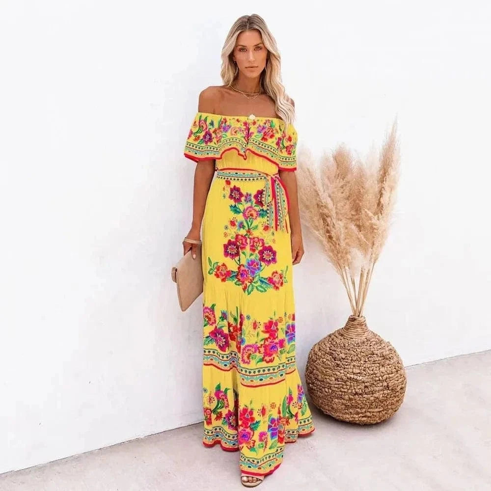 Robe jaune à épaules dénudées et imprimé floral Ibiza Vibe
