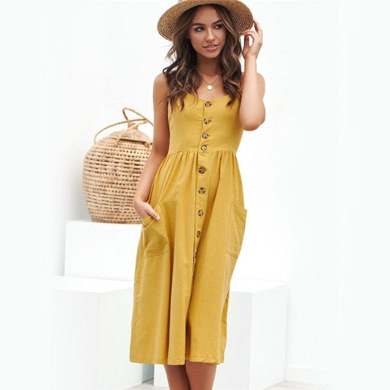 Robe jaune style bohème avec boutons décoratifs Ibiza Vibe