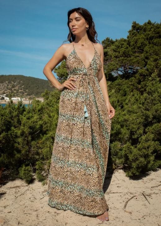 Robe longue à col en V et imprimé animalier bohème Ibiza Vibe