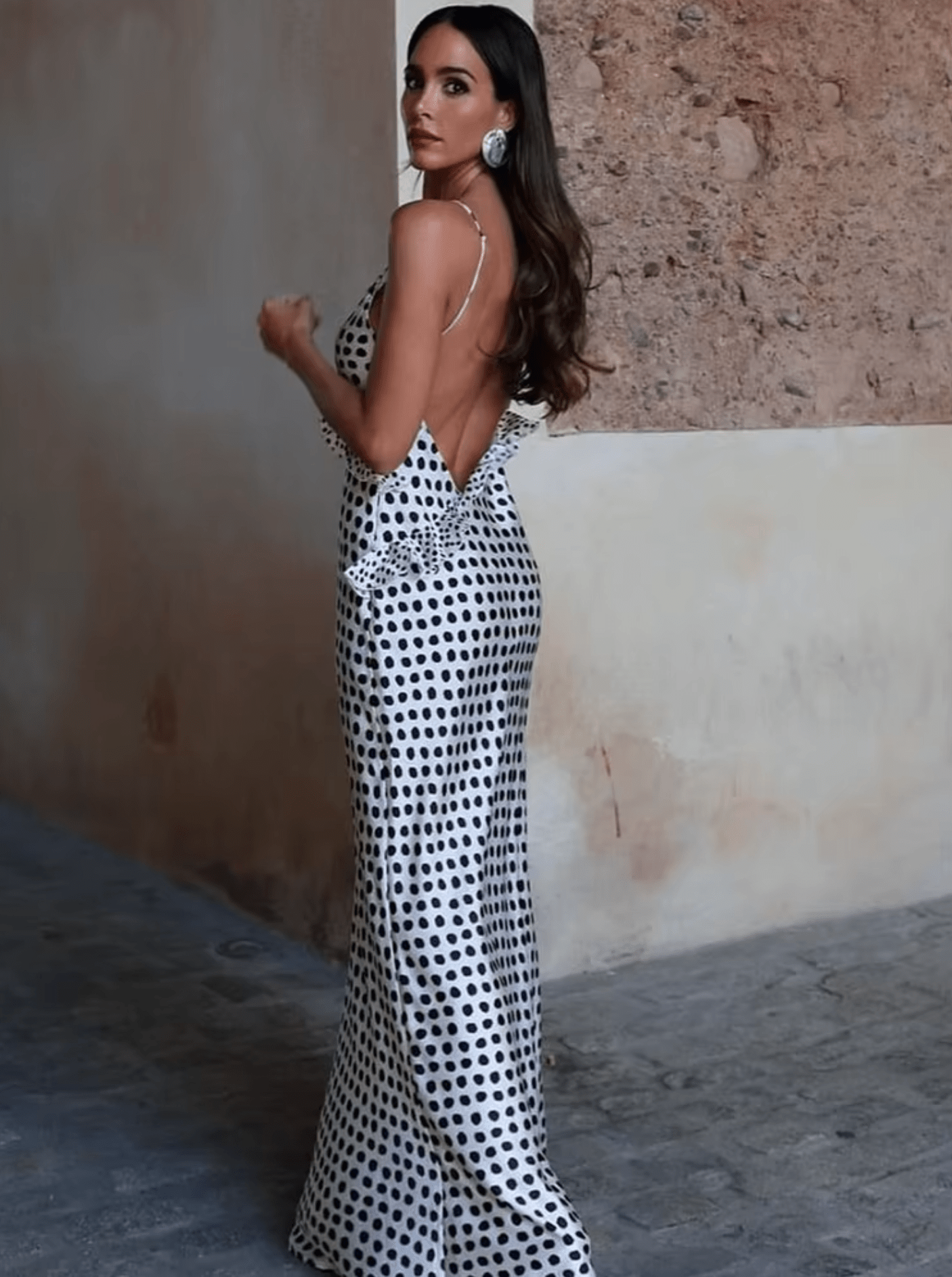 Robe longue à pois noirs et blancs Ibiza Vibe
