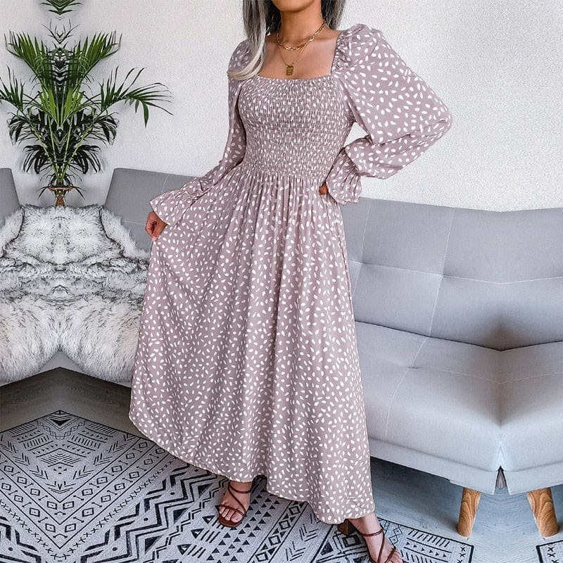 Robe longue beige élégante à manches longues Ibiza Vibe