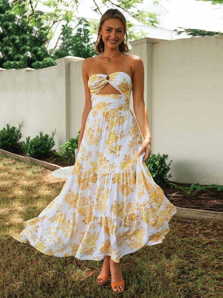 Robe longue blanche à imprimé fleurs jaunes et épaules dénudées Ibiza Vibe