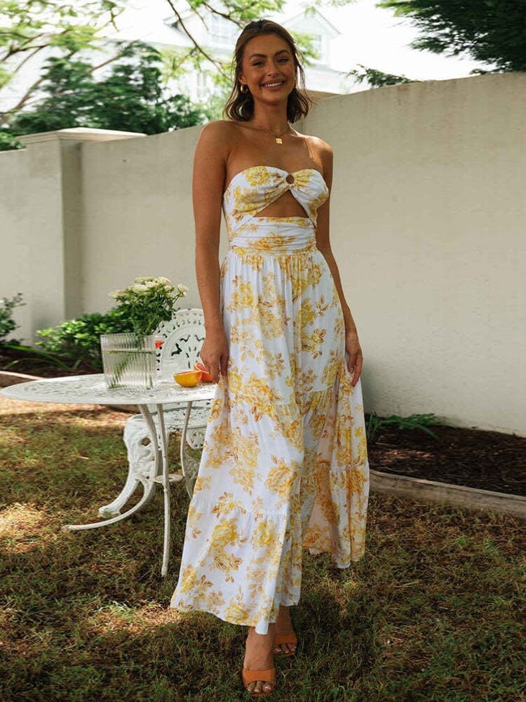 Robe longue blanche à imprimé fleurs jaunes et épaules dénudées Ibiza Vibe