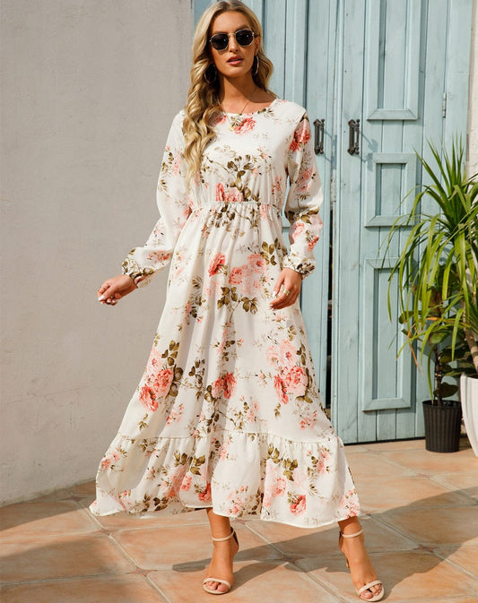 Robe longue blanche à manches longues et imprimé floral estival Ibiza Vibe
