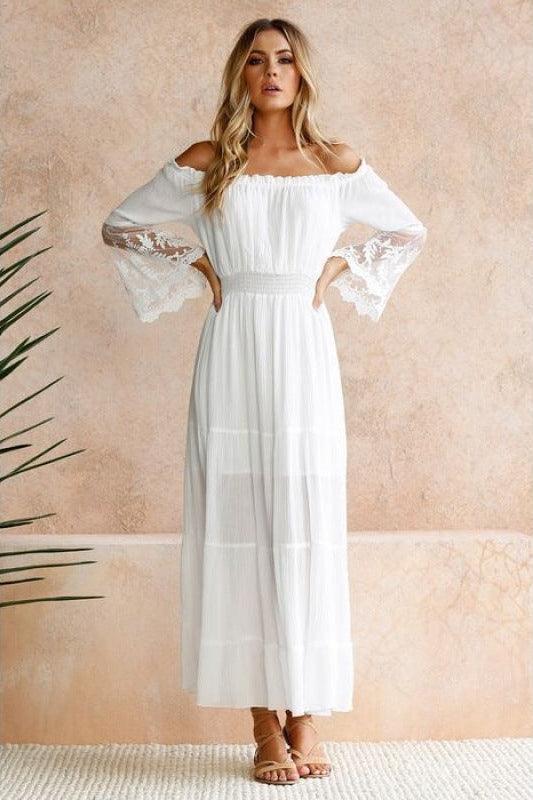 Robe longue blanche bohème à manches en dentelle Ibiza Vibe