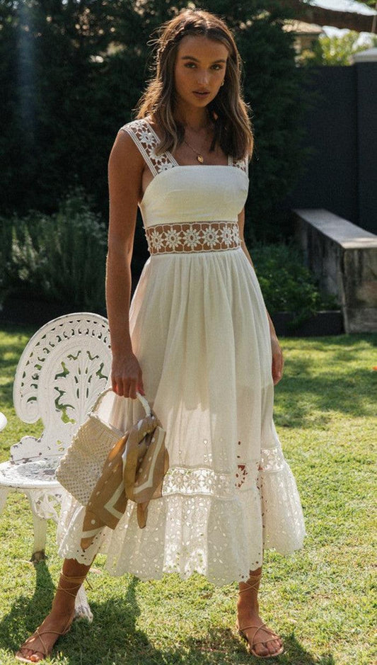 Robe longue blanche bohème avec dentelle Ibiza Vibe