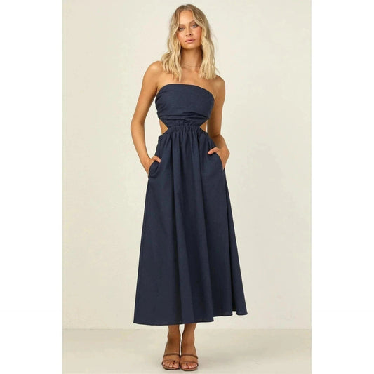 Robe longue bleue à épaules dénudées bohème Ibiza Vibe