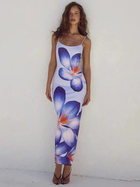 Robe longue bleue à fleurs bohème Fashion Ibiza Vibe