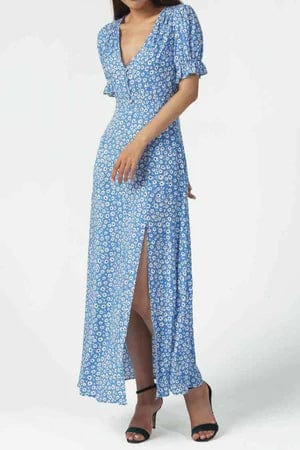 Robe longue bleue à fleurs bohème Ibiza Vibe