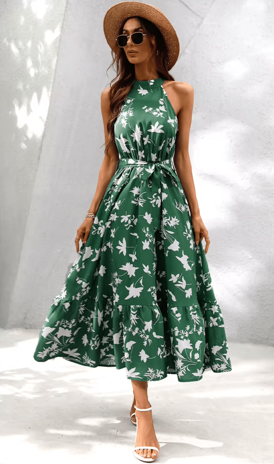 Robe longue bohème à fleurs vertes Ibiza Vibe
