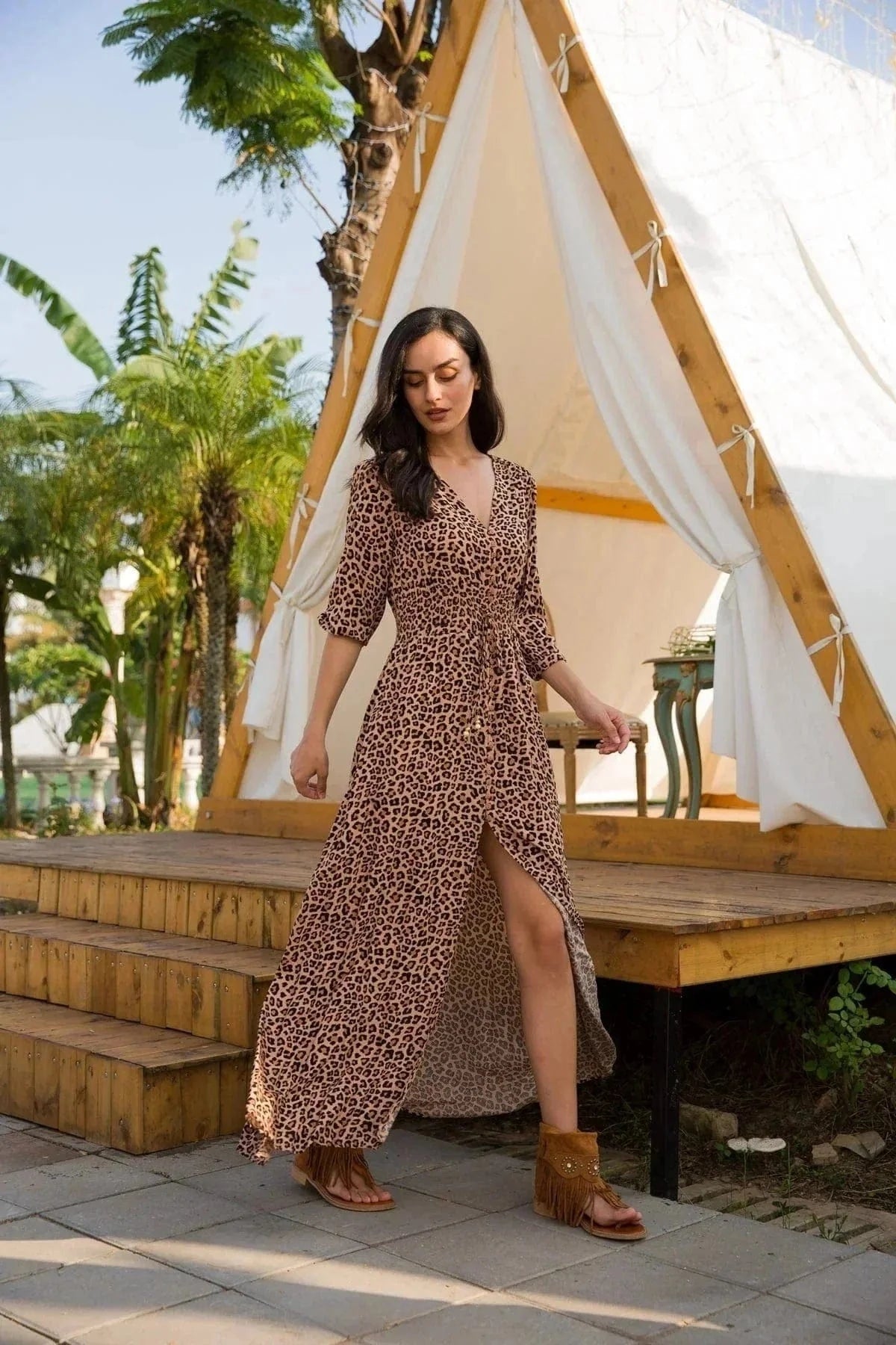Robe longue bohème à imprimé léopard Ibiza Vibe