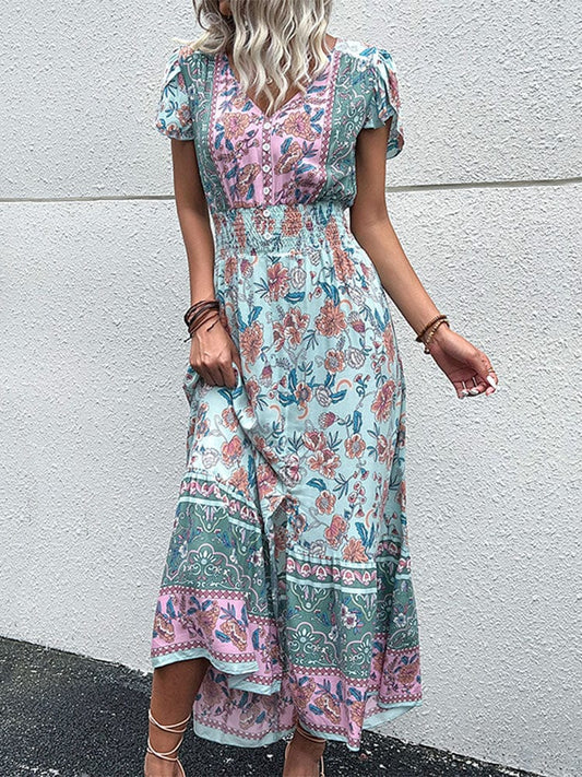 Robe longue bohème à imprimé style bohème et col en V vert Ibiza Vibe