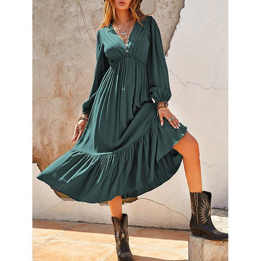 Robe longue bohème à volants verte Ibiza Vibe
