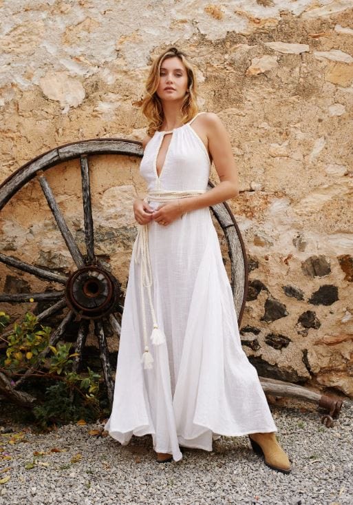 Robe longue bohème blanche à franges Ibiza Vibe