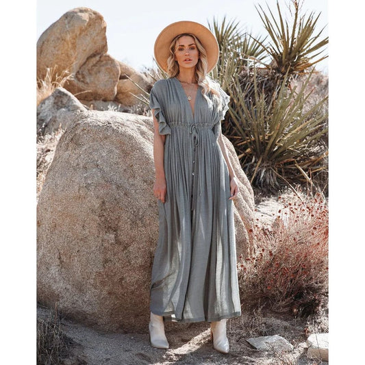 Robe longue bohème verte/grise Ibiza Vibe