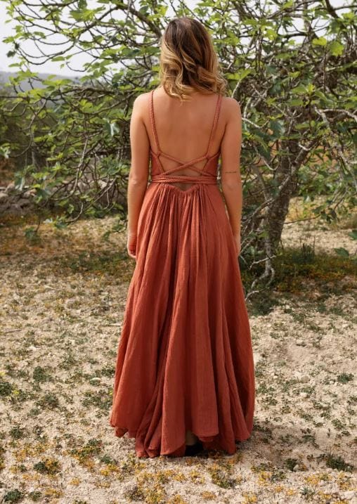 Robe longue couleur terre cuite à franges Ibiza Vibe