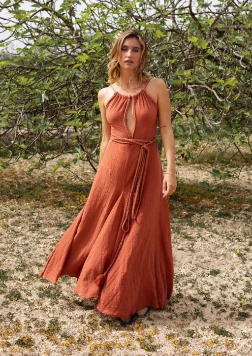 Robe longue couleur terre cuite à franges Ibiza Vibe