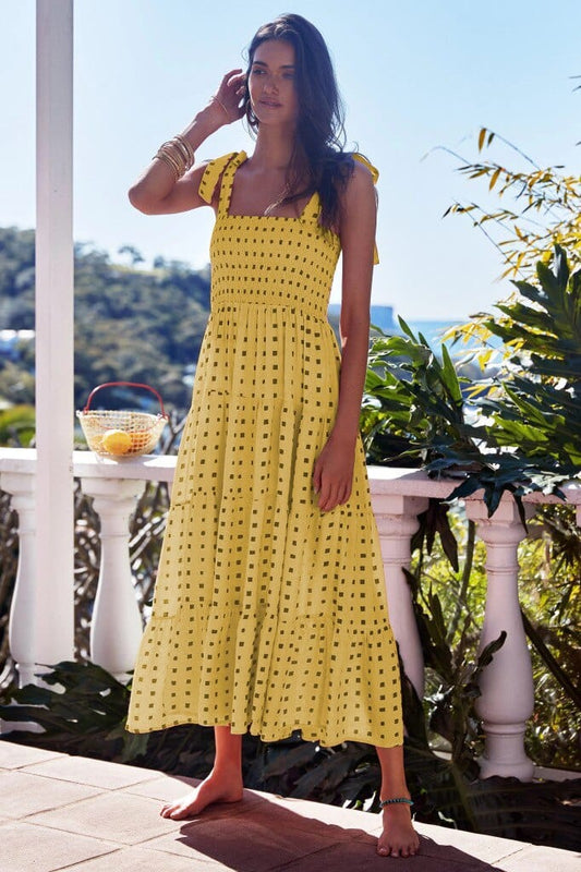 Robe longue d'été jaune à imprimé bohème Ibiza Vibe