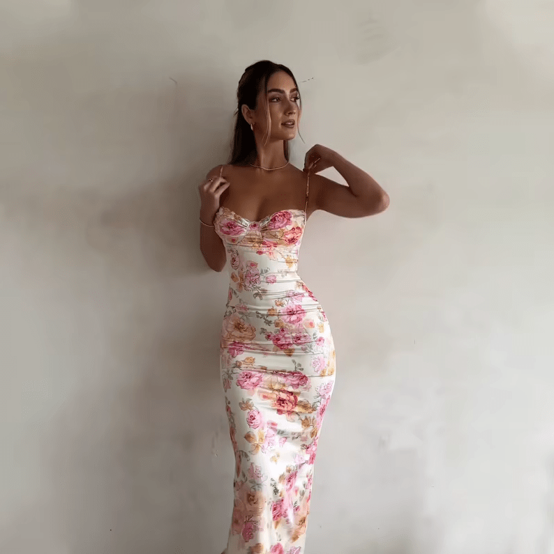 Robe longue d'été rose à fleurs Ibiza Vibe