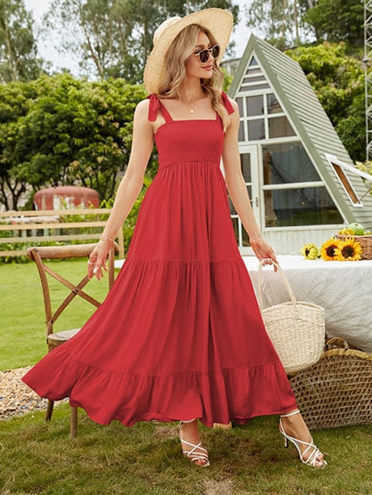 Robe longue d'été rouge style bohème Ibiza Vibe