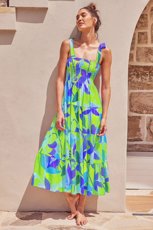 Robe longue d'été verte/bleue à imprimé bohème Ibiza Vibe