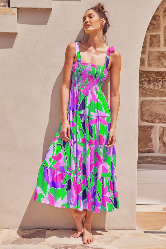 Robe longue d'été verte/violette style bohème avec imprimé Ibiza Vibe