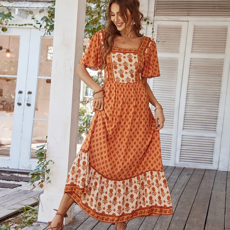 Robe longue de style espagnol orange Ibiza Vibe