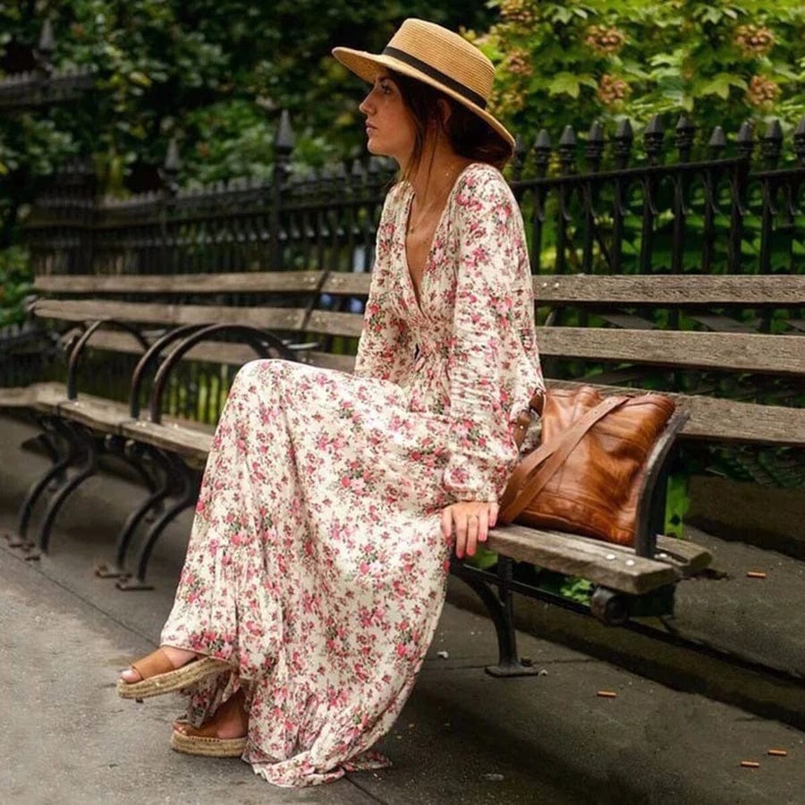 Robe longue fleurie style bohème Ibiza Vibe