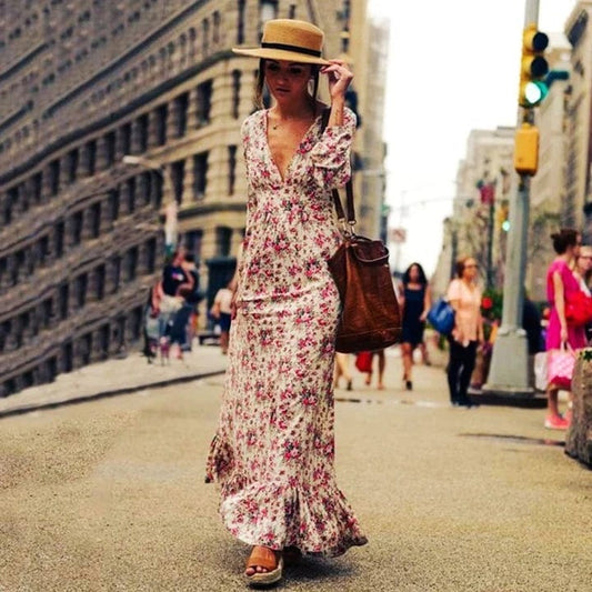 Robe longue fleurie style bohème Ibiza Vibe