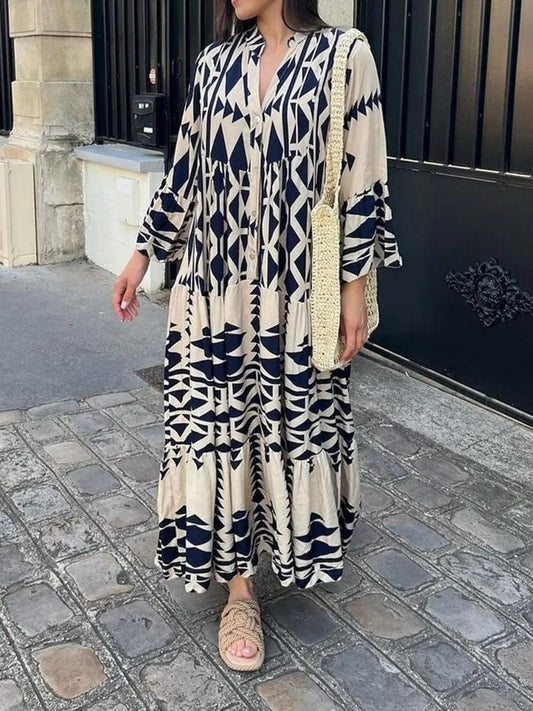 Robe longue imprimée bohème noir et blanc Ibiza Vibe