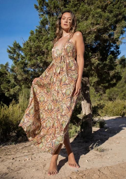 Robe longue imprimée style bohème avec col en V et dos ouvert Ibiza Vibe
